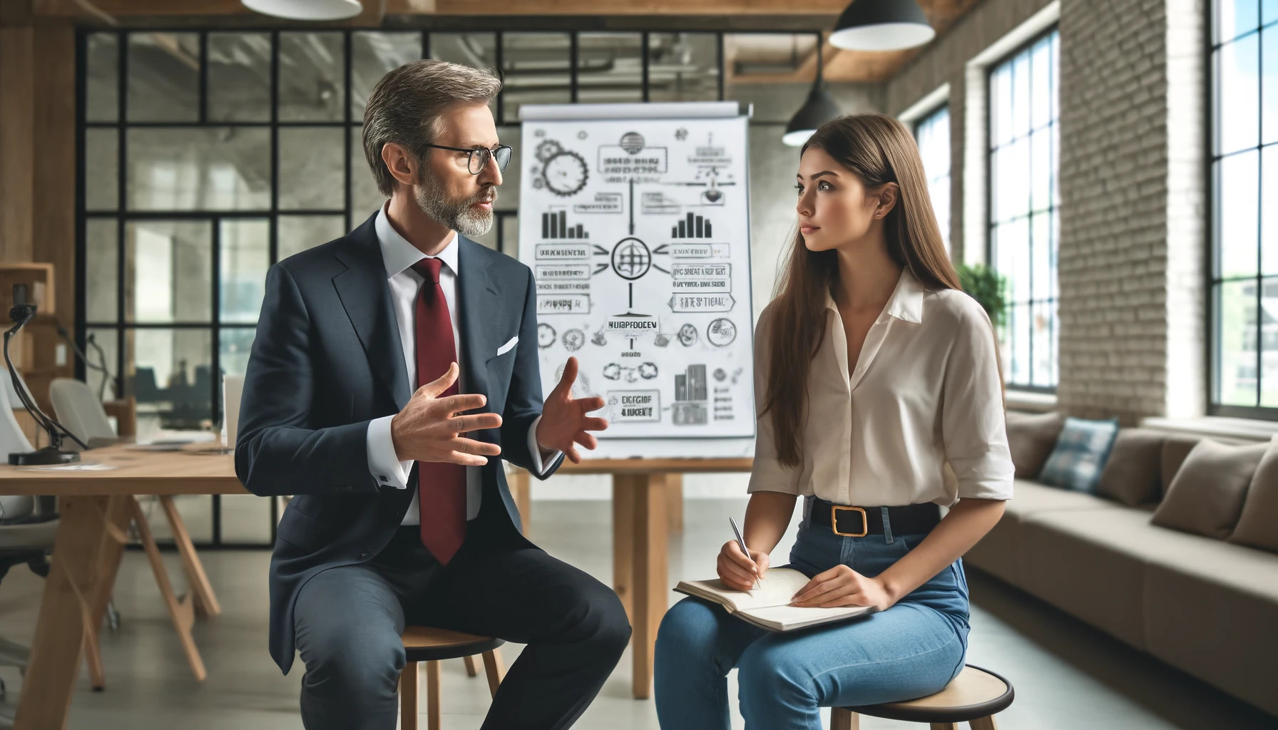 mentor e sua mentorada em um ambiente de escritório moderno, no fundo um business canva